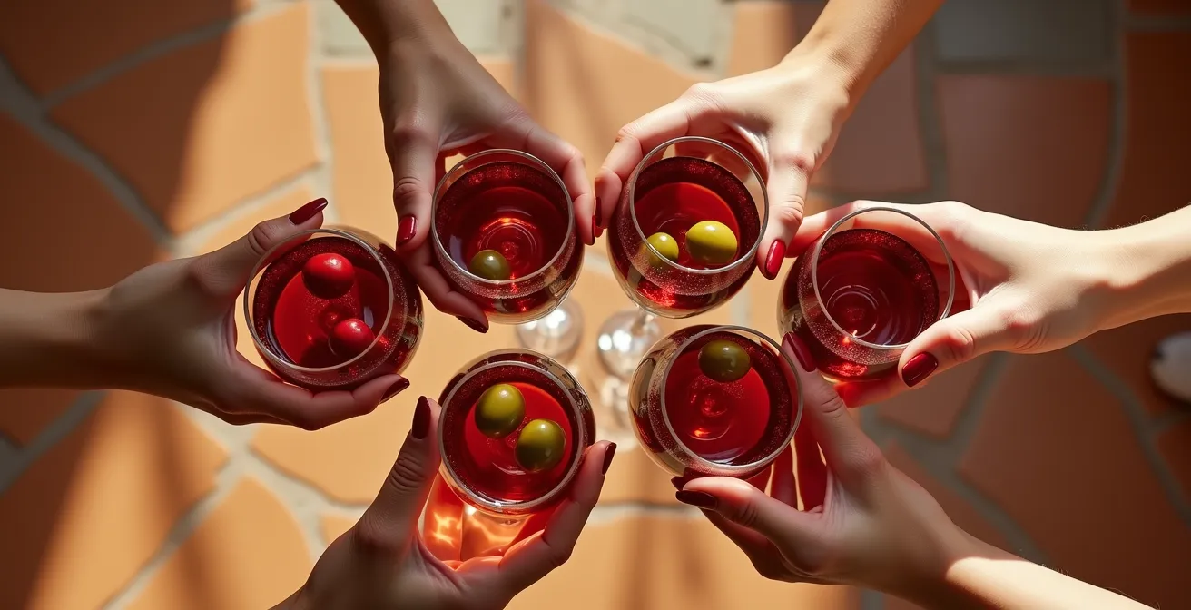 Gros plan de mains féminines tenant des verres de vermouth avec olives