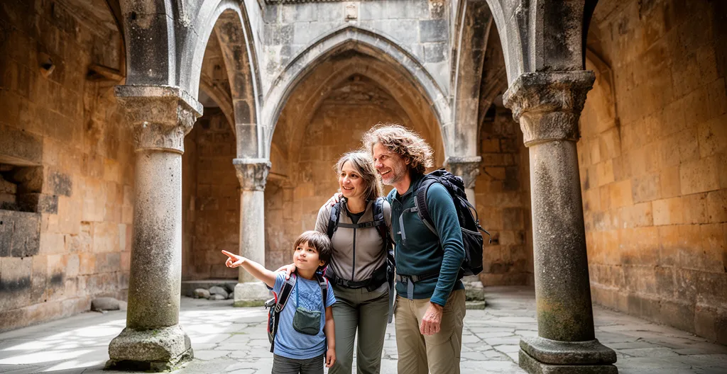 Famille européenne explorant monastère arménien en pierre