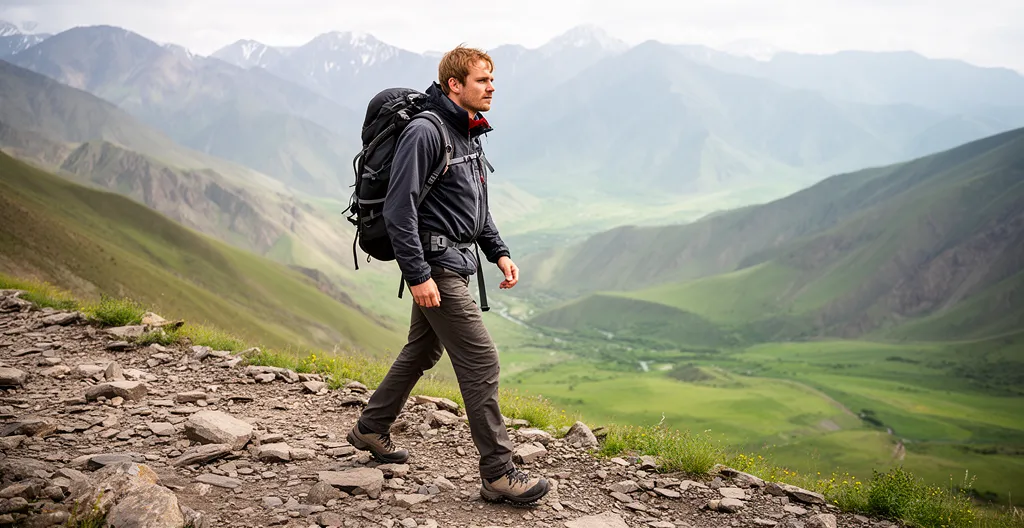 Randonneur sur sentier montagneux arménien avec vue panoramique