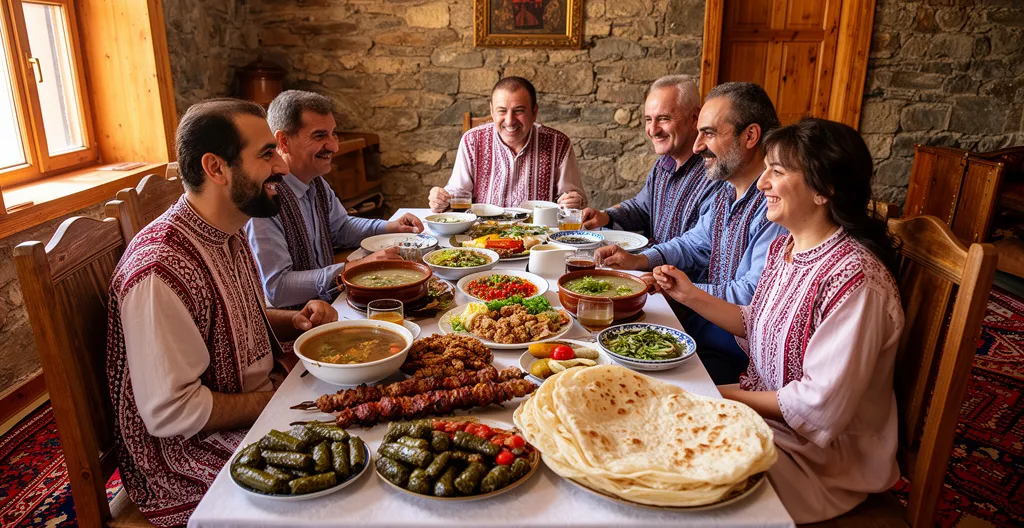Table familiale arménienne avec plats traditionnels