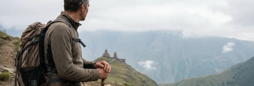 Voyageur contemplant paysage montagneux arménien avec monastère au loin